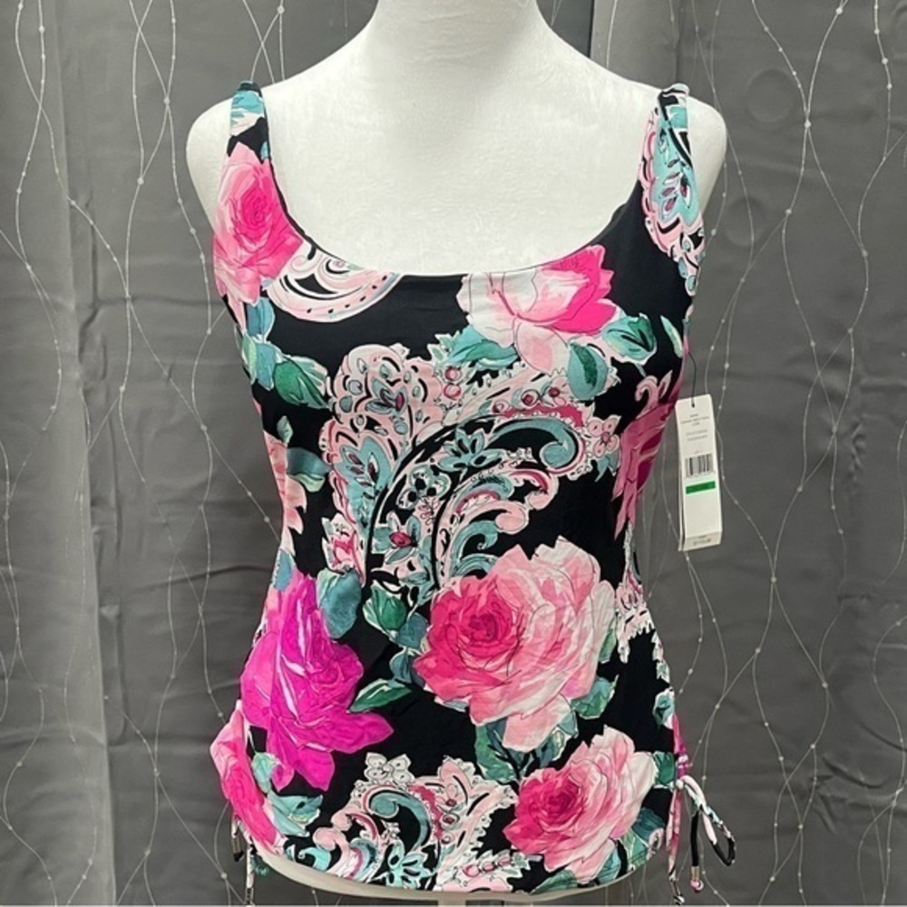 Carmen Marc Valvo Tankini Top Pink Floral Ruched Tie Side Corded Hem $110 C2H268 - Picture 2 of 16